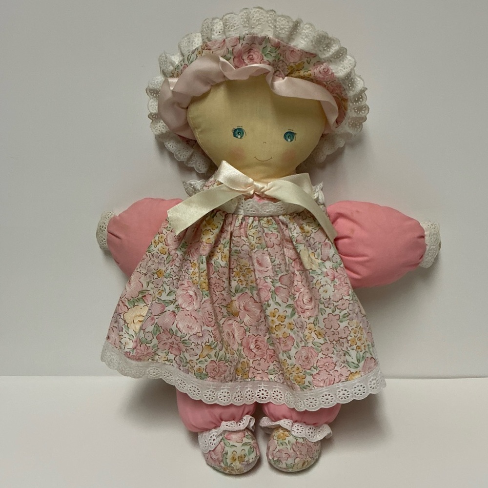 Floral Pink Fabric Cloth Rag Doll with Bonnet